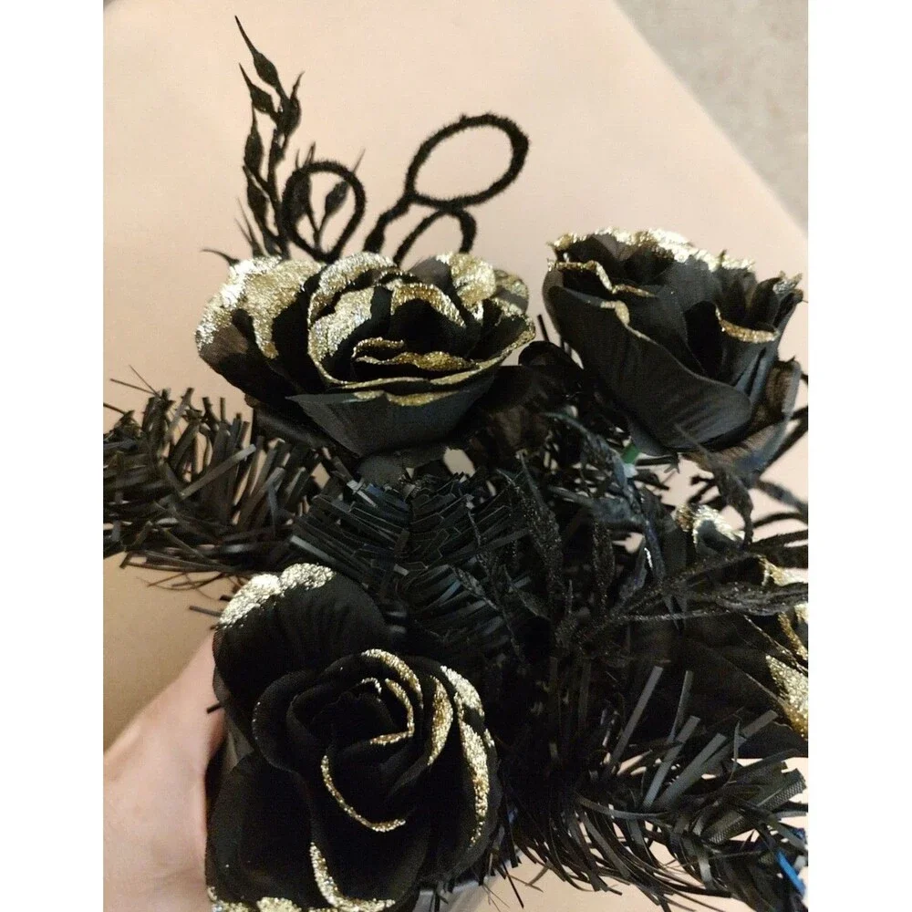 Artificial Flower Bouquet Arrangement Corrugated Tin Vase Black Gold Gray Rose